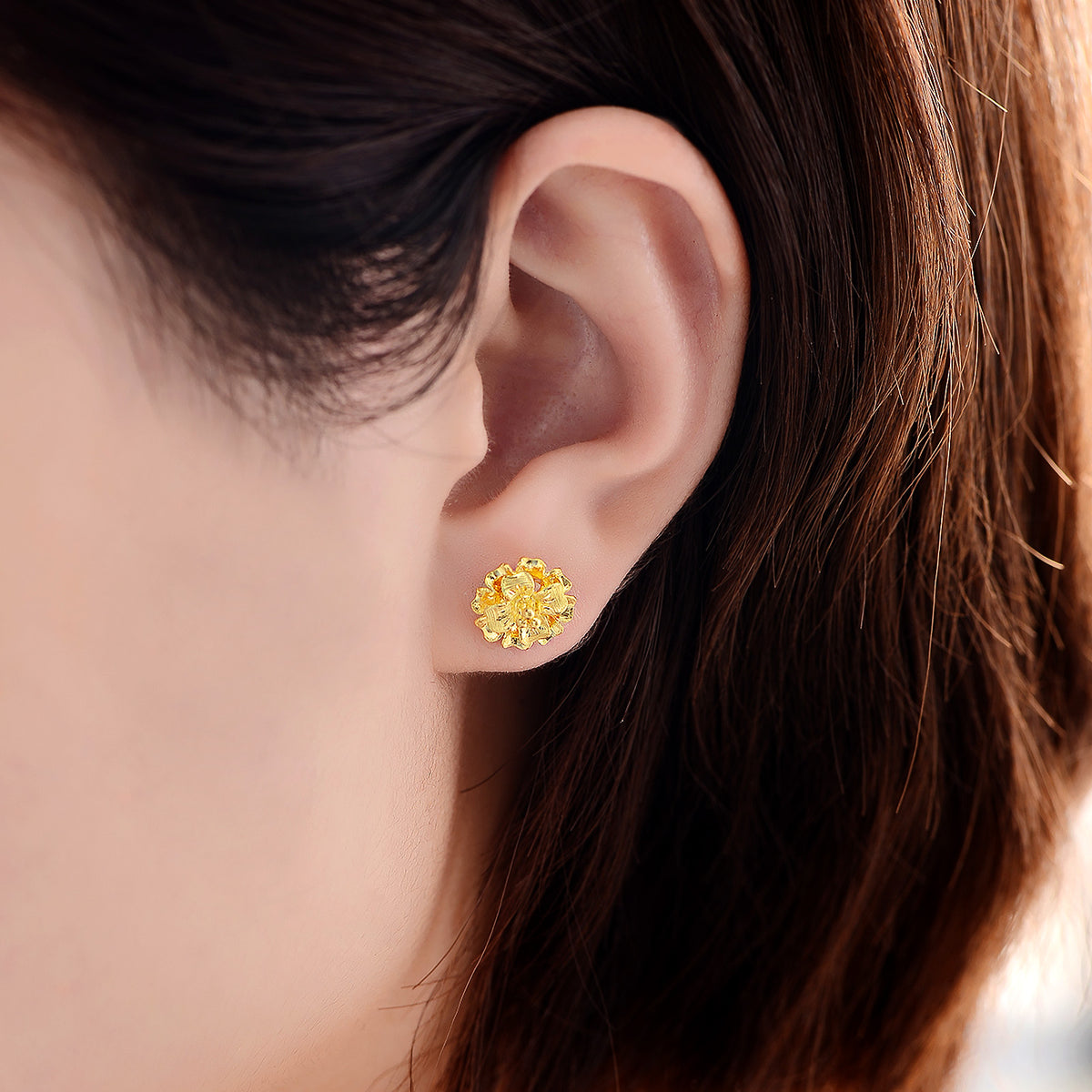 24K Gold Flower Curved‑Hook Stud Earrings