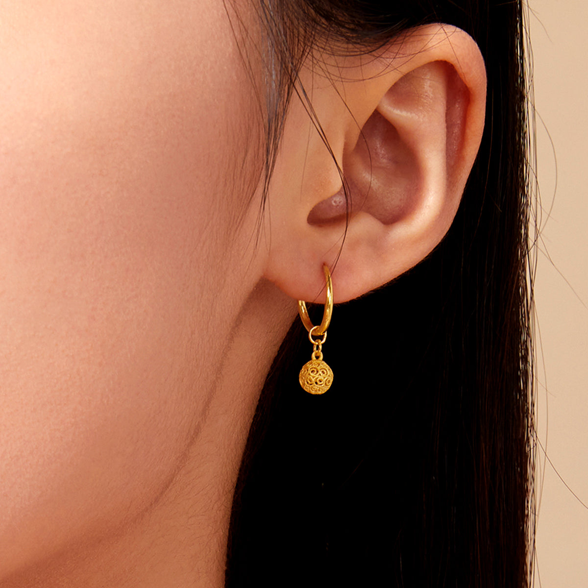 24K Gold Filigree Hollow Sphere Dangle Earrings