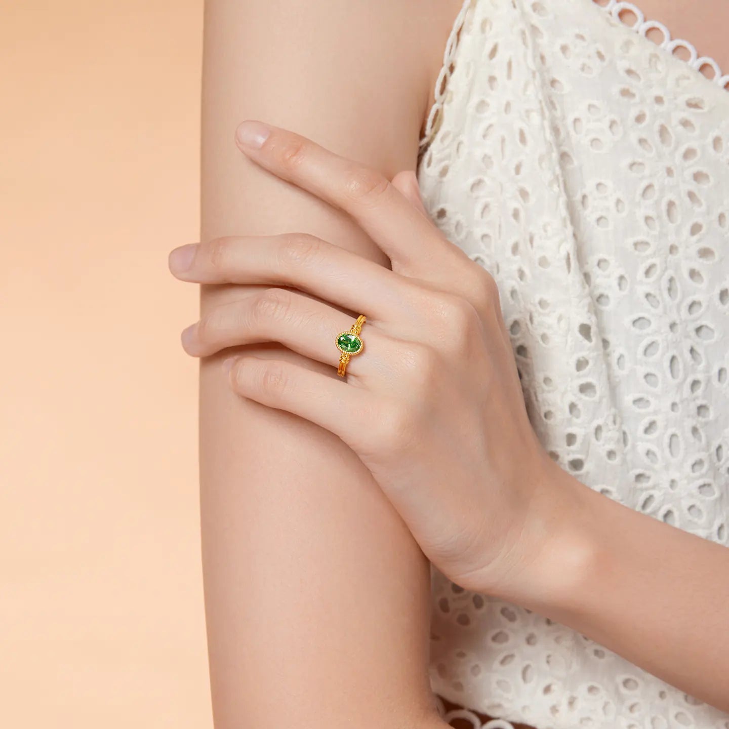 24K Gold Dome Ring with Green CZ