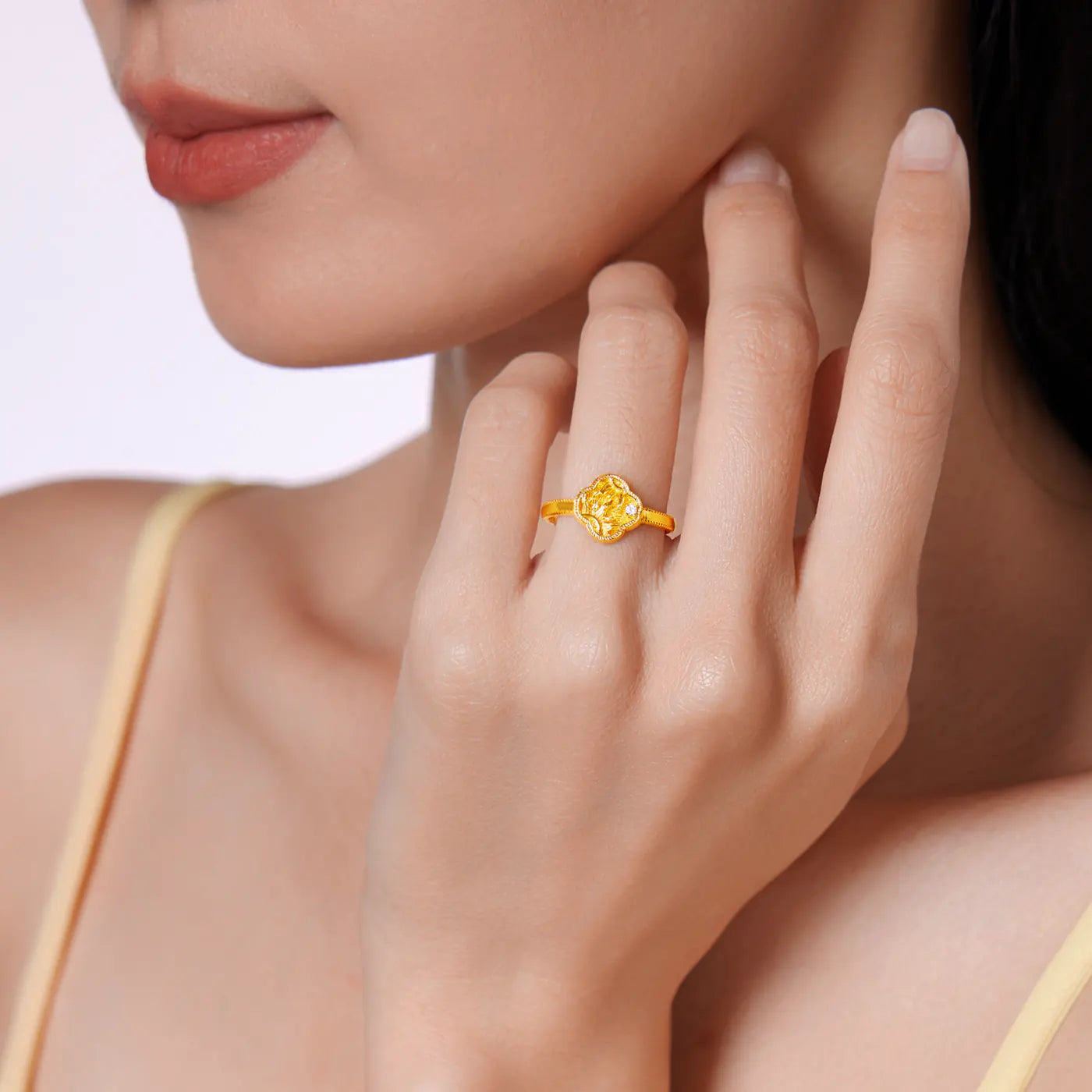 24K Gold Sunflower Four Leaf Clover Adjustable Ring