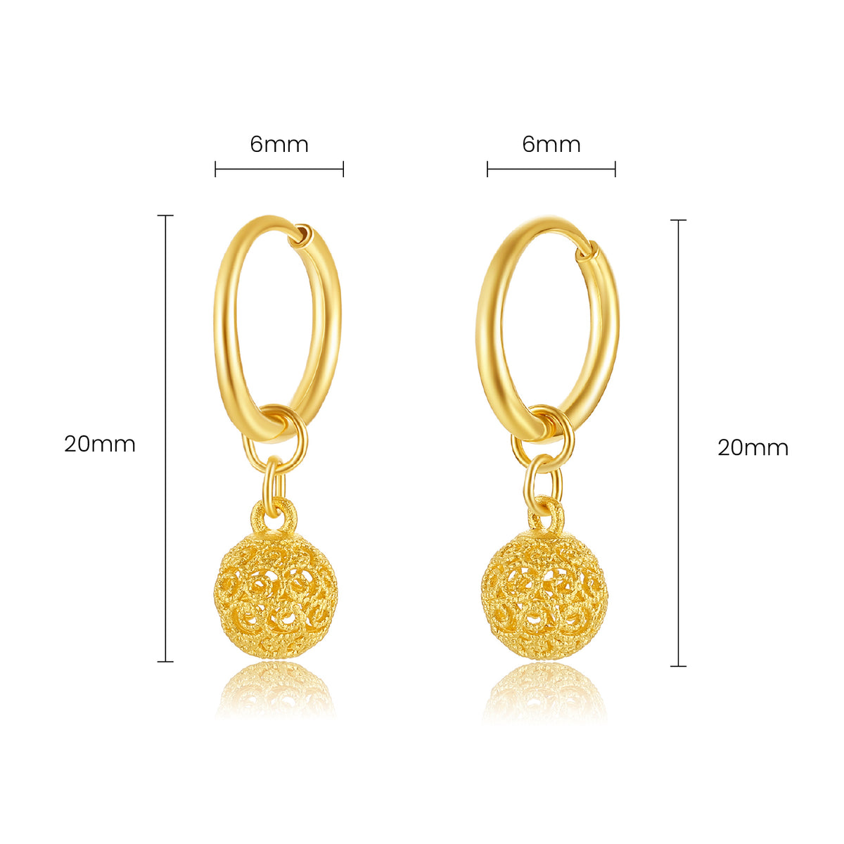 24K Gold Filigree Hollow Sphere Dangle Earrings