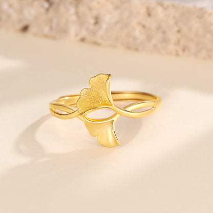 Exquisite 18K Gold Ginkgo Leaf Adjustable Ring for Her - A Nature-Inspired Fine Jewelry Gift