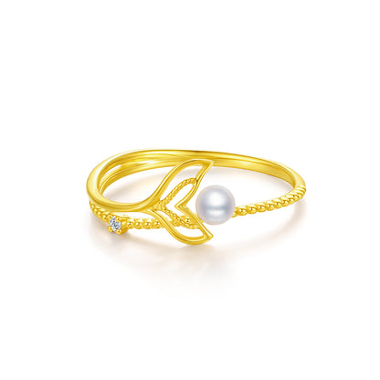 18K Gold Pearl and Diamond Mermaid Tail Ring for Women - A Luminous Jewel with Golden Filigree Detail