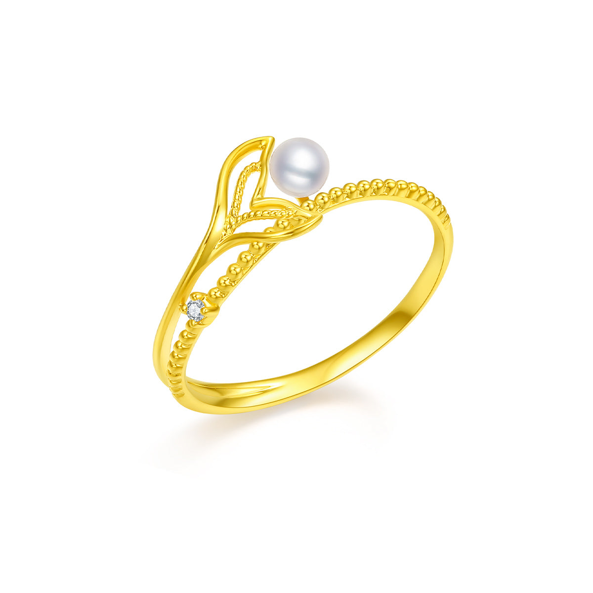 18K Gold Pearl and Diamond Mermaid Tail Ring for Women - A Luminous Jewel with Golden Filigree Detail