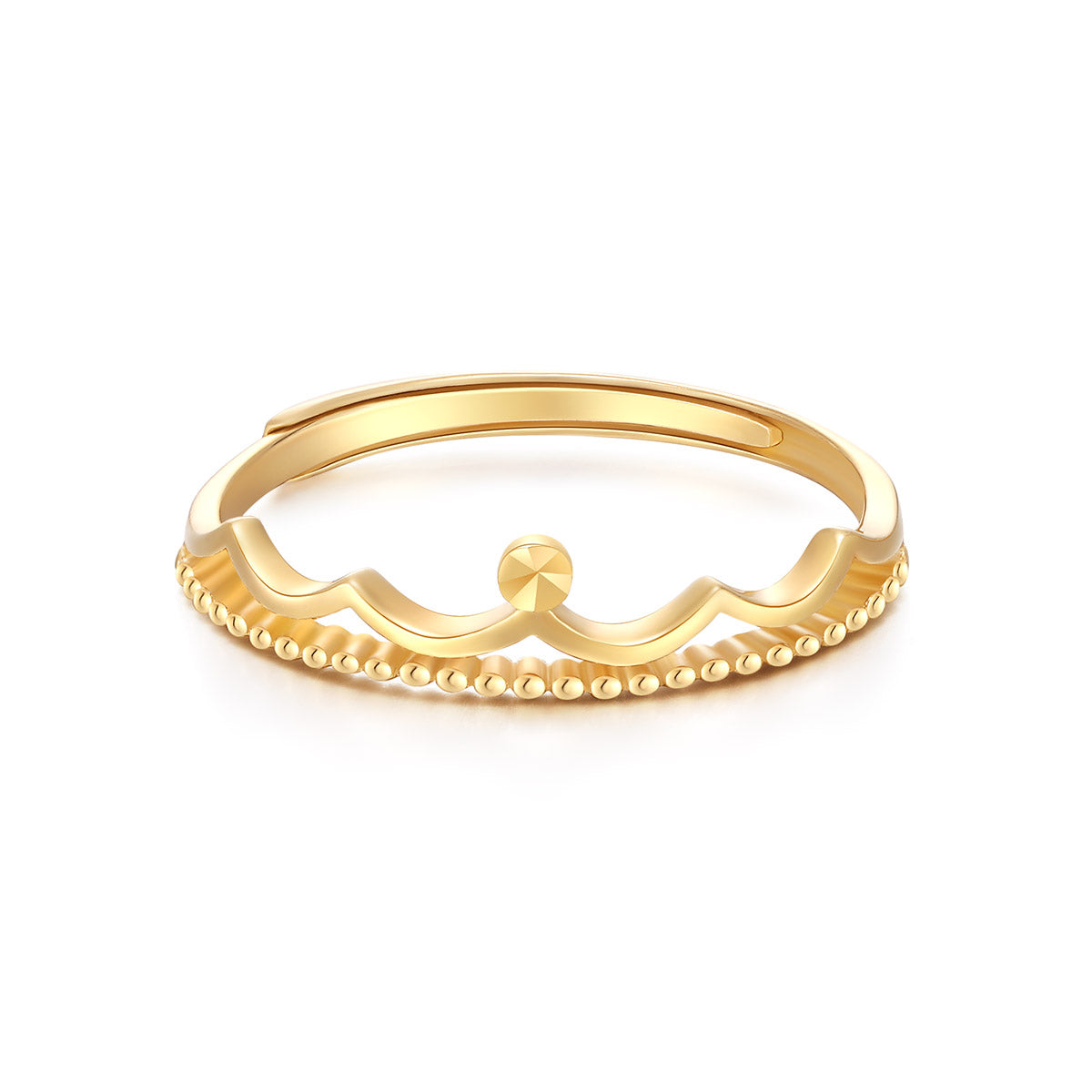 Regal 18K Gold Crown Adjustable Ring with Wave-Like Filigree Edging - A Glamorous Gift for Your Beloved