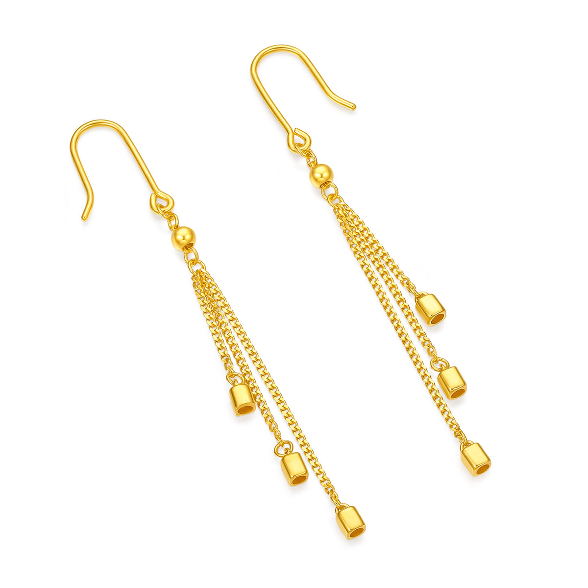 24K Solid‑Gold Tassel Hook Earrings with Cube Charms