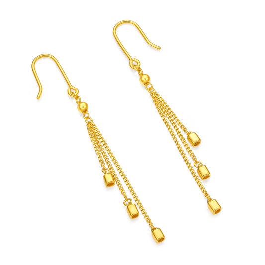 24K Solid‑Gold Tassel Hook Earrings with Cube Charms