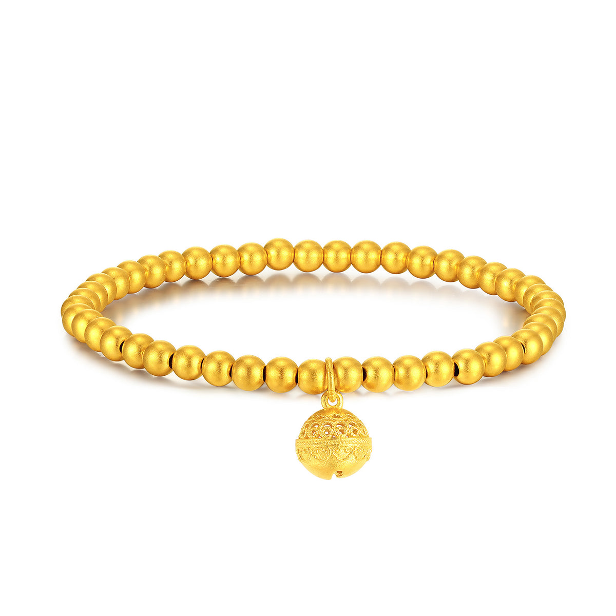 24K Gold Matte Beaded Bracelet With Hollow Bell Charm