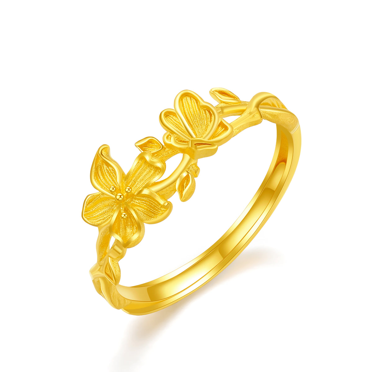 24K solid‑gold dual‑flower adjustable ring