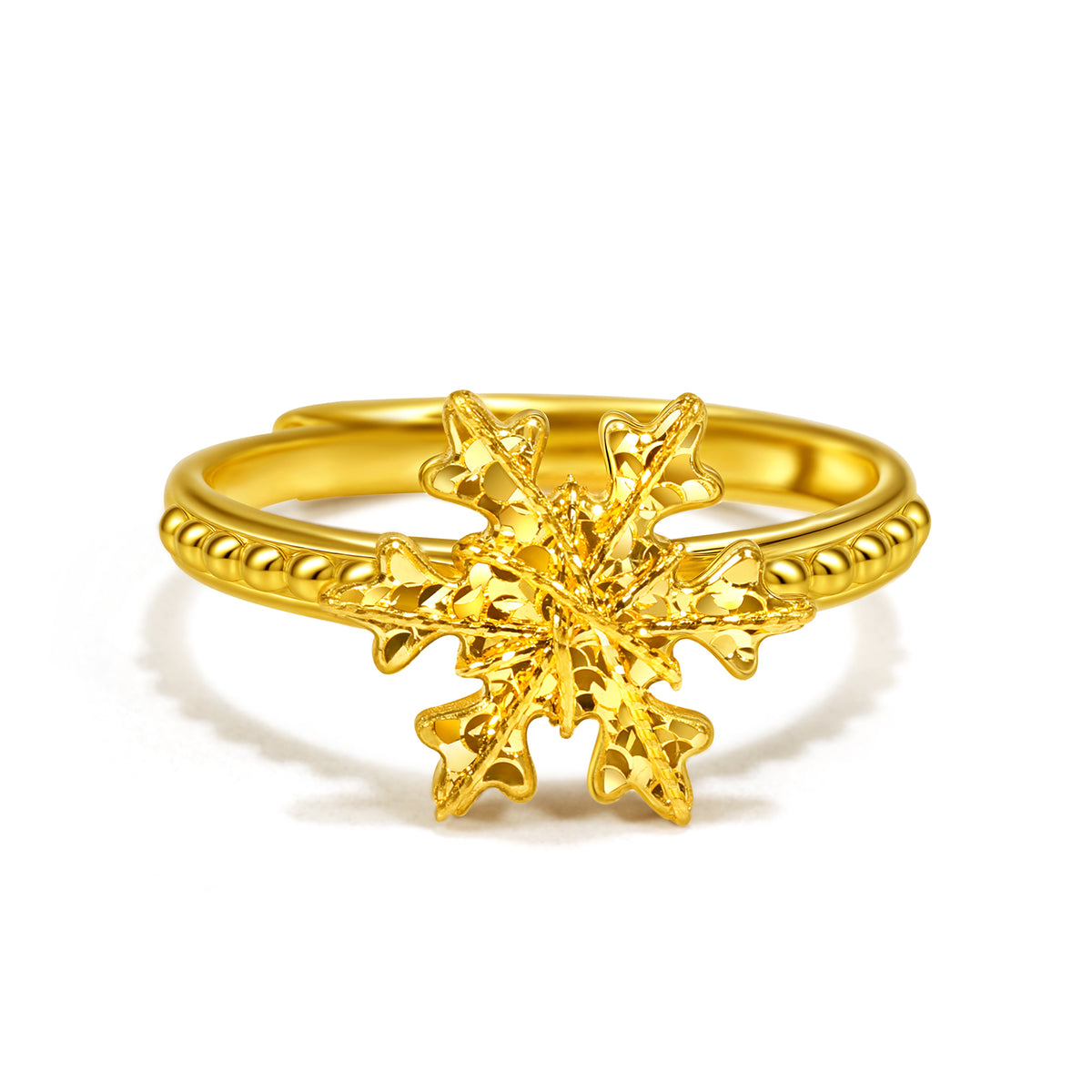 24K Solid‑Gold 3D Faceted Snowflake Adjustable Ring