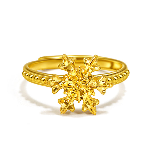 24K Solid‑Gold 3D Faceted Snowflake Adjustable Ring