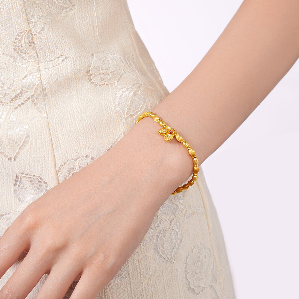 24K Solid‑Gold Beaded Bracelet with Lotus Charms