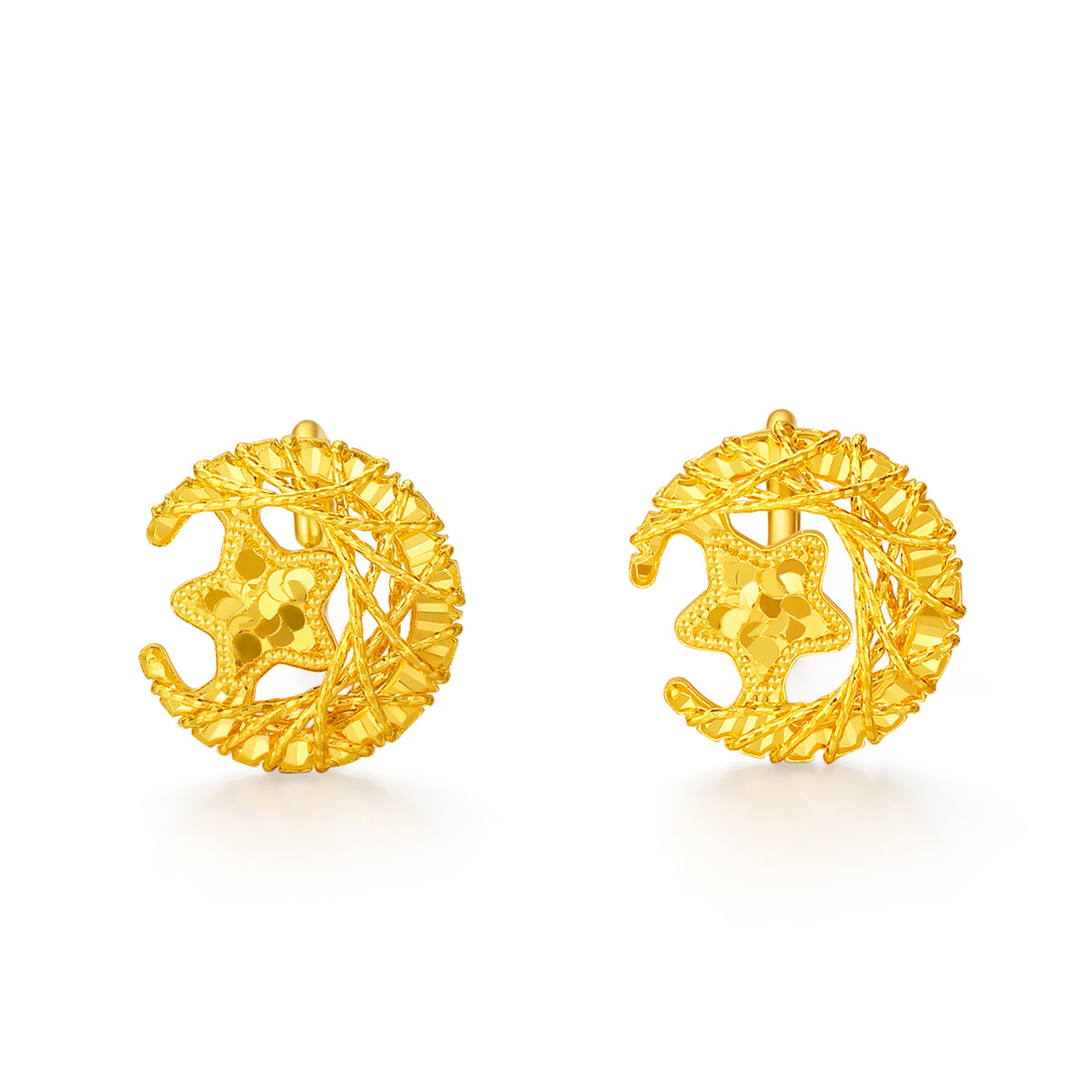 24K Solid‑Gold Moon & Star Hook‑Back Stud Earrings