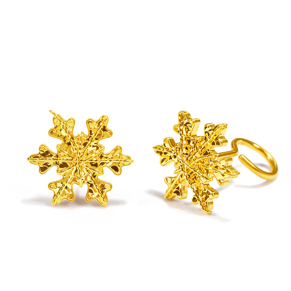 24K Solid‑Gold Snowflake Hook‑Back Stud Earrings