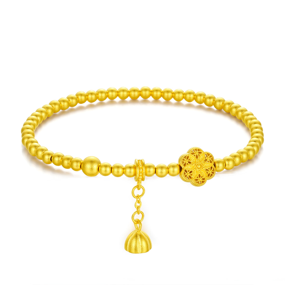 24K Solid‑Gold Beaded Bracelet with Flower Charms