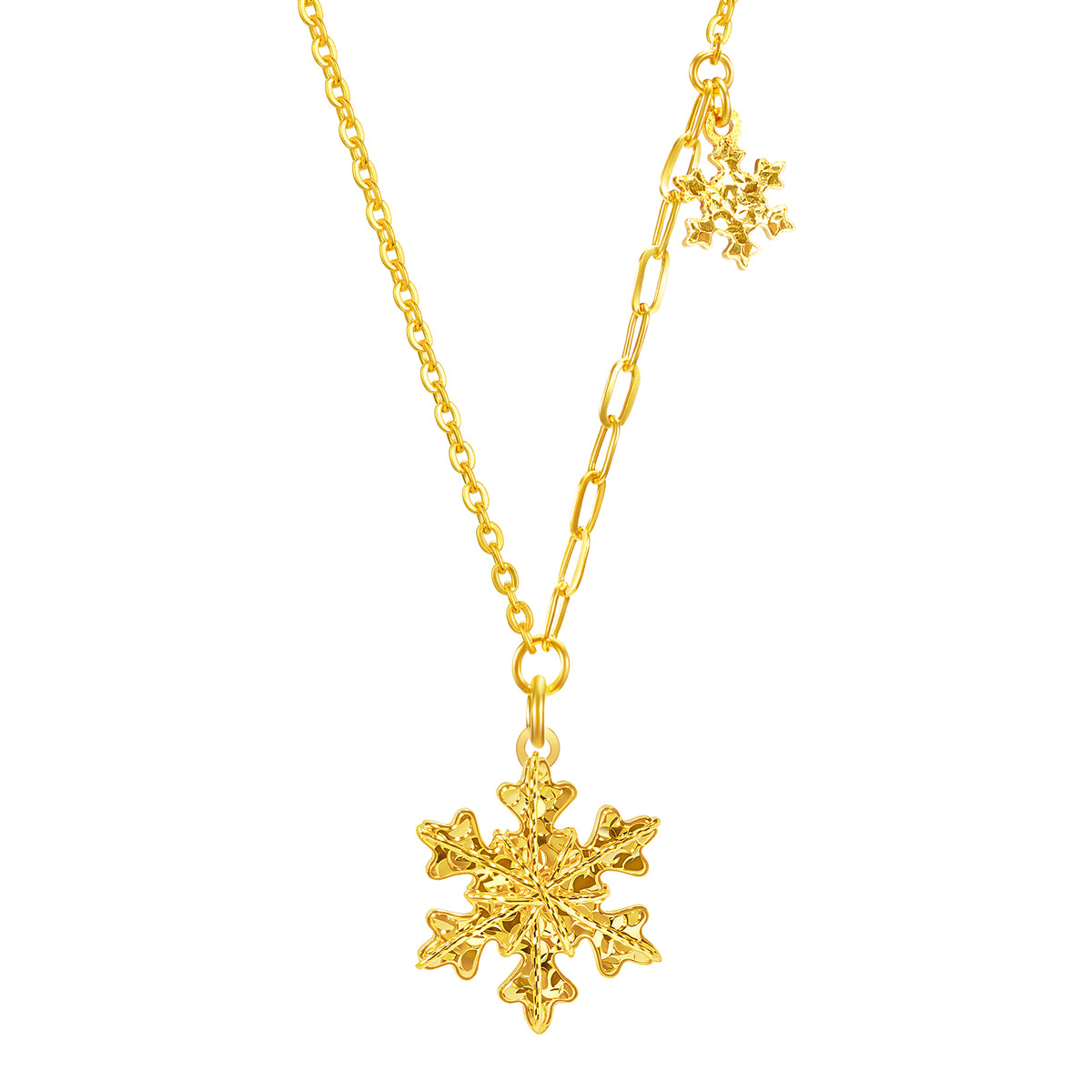 24K solid‑gold dual‑snowflake mixed‑link necklace