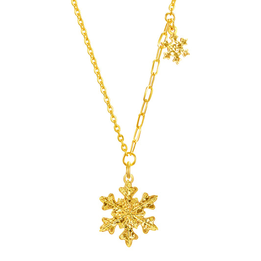 24K solid‑gold dual‑snowflake mixed‑link necklace