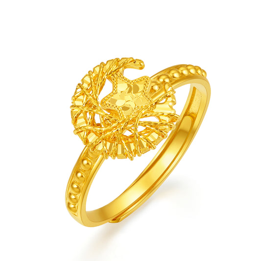 24K solid‑gold woven‑rope moon‑and‑star adjustable ring