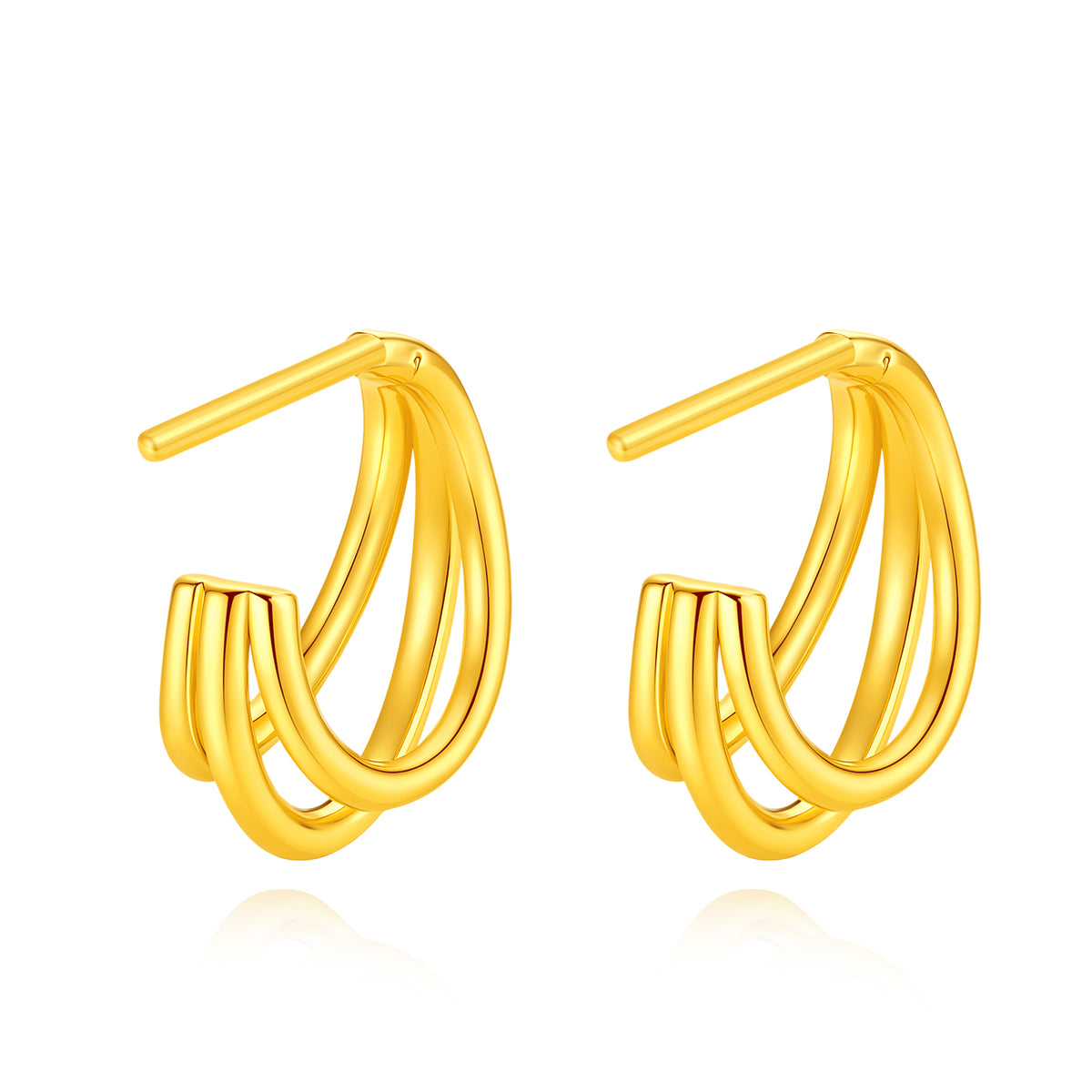24K solid‑gold triple‑band C‑shaped stud earrings