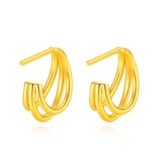 24K solid‑gold triple‑band C‑shaped stud earrings