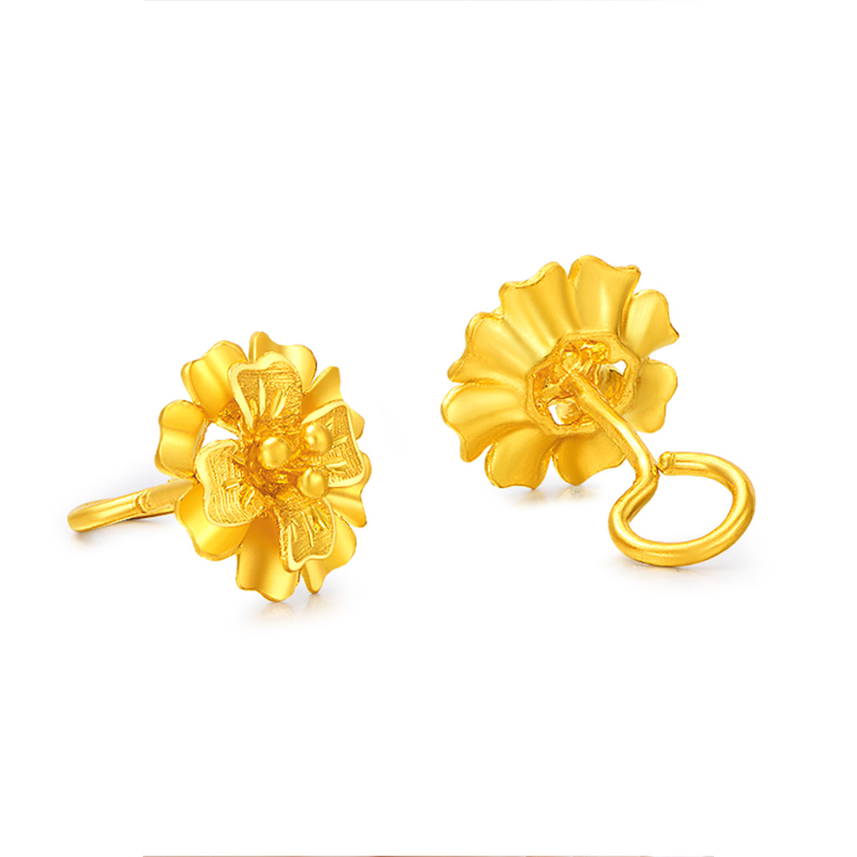 24K Gold Flower Curved‑Hook Stud Earrings