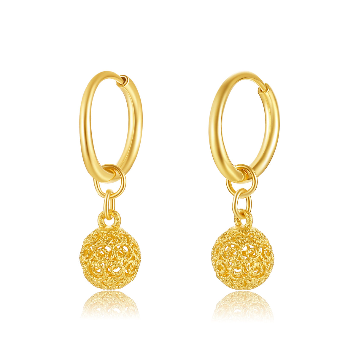24K Gold Filigree Hollow Sphere Dangle Earrings