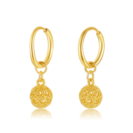 24K Gold Filigree Hollow Sphere Dangle Earrings
