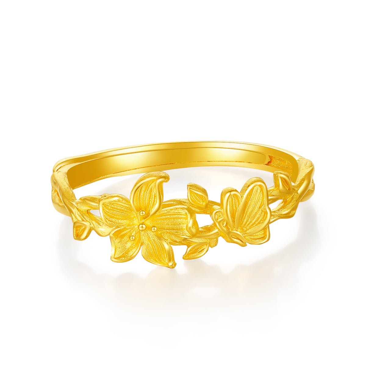 24K solid‑gold dual‑flower adjustable ring