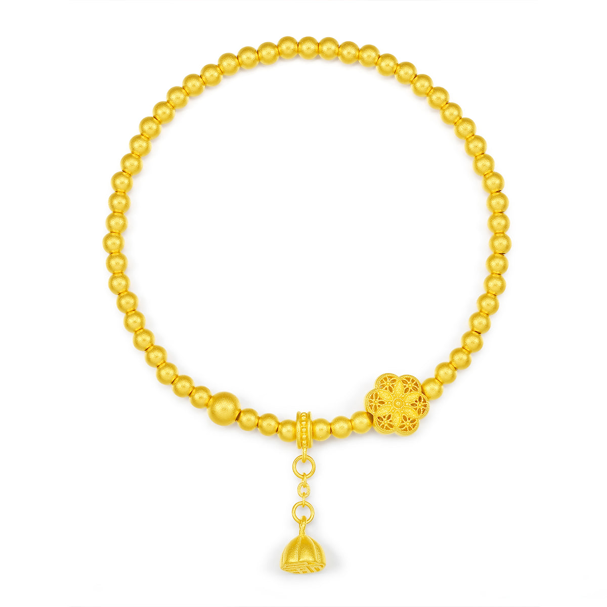 24K Solid‑Gold Beaded Bracelet with Flower Charms