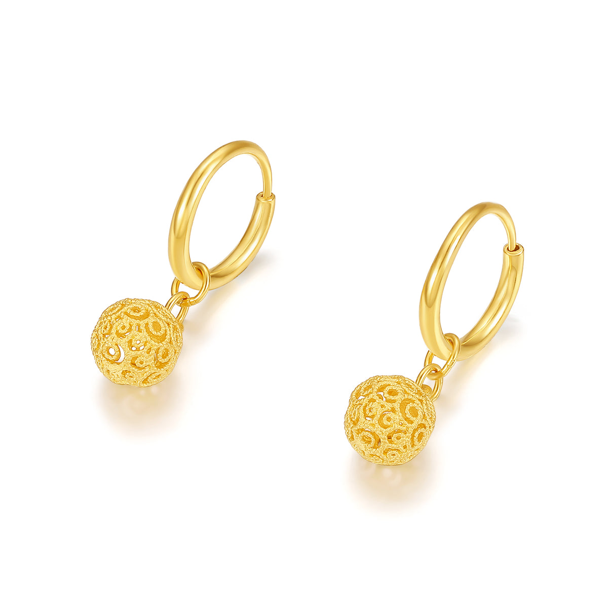 24K Gold Filigree Hollow Sphere Dangle Earrings
