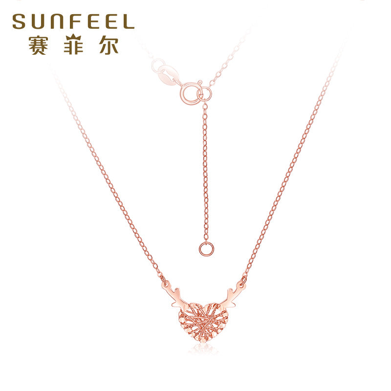 SUNFEEL's 18K Gold "One Deer, One You" Pendant Necklace with Red Gold Heart: A Thoughtful Gift for Your Beloved