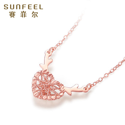 SUNFEEL's 18K Gold "One Deer, One You" Pendant Necklace with Red Gold Heart: A Thoughtful Gift for Your Beloved