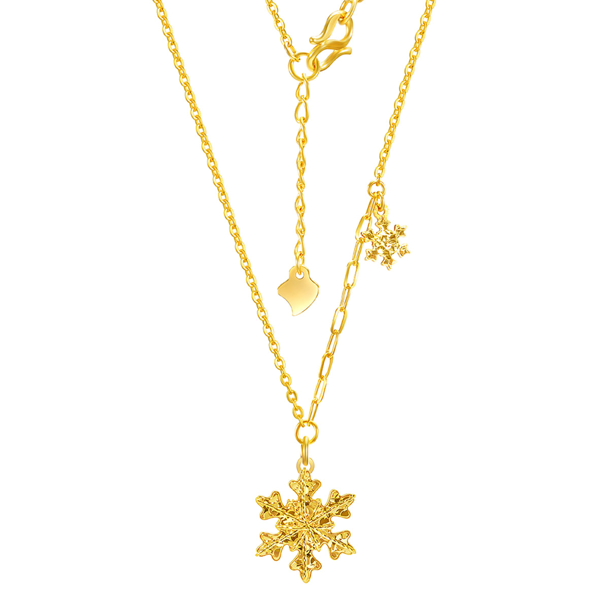 24K solid‑gold dual‑snowflake mixed‑link necklace