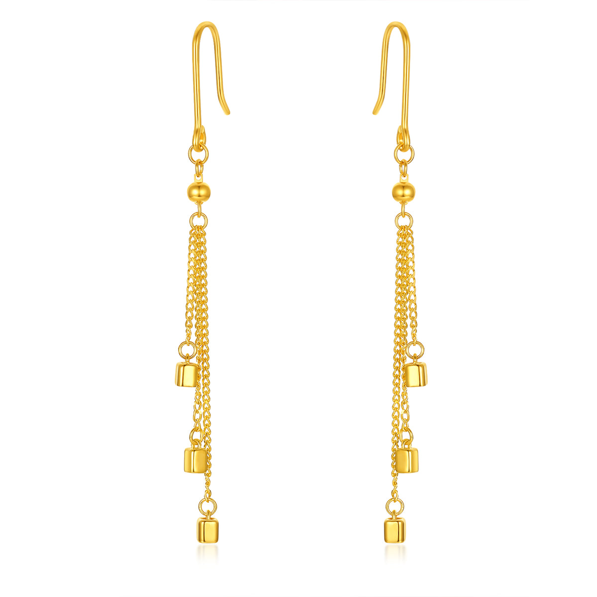 24K Solid‑Gold Tassel Hook Earrings with Cube Charms