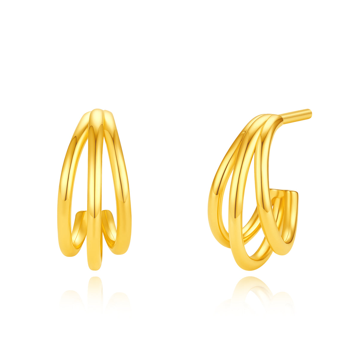 24K solid‑gold triple‑band C‑shaped stud earrings