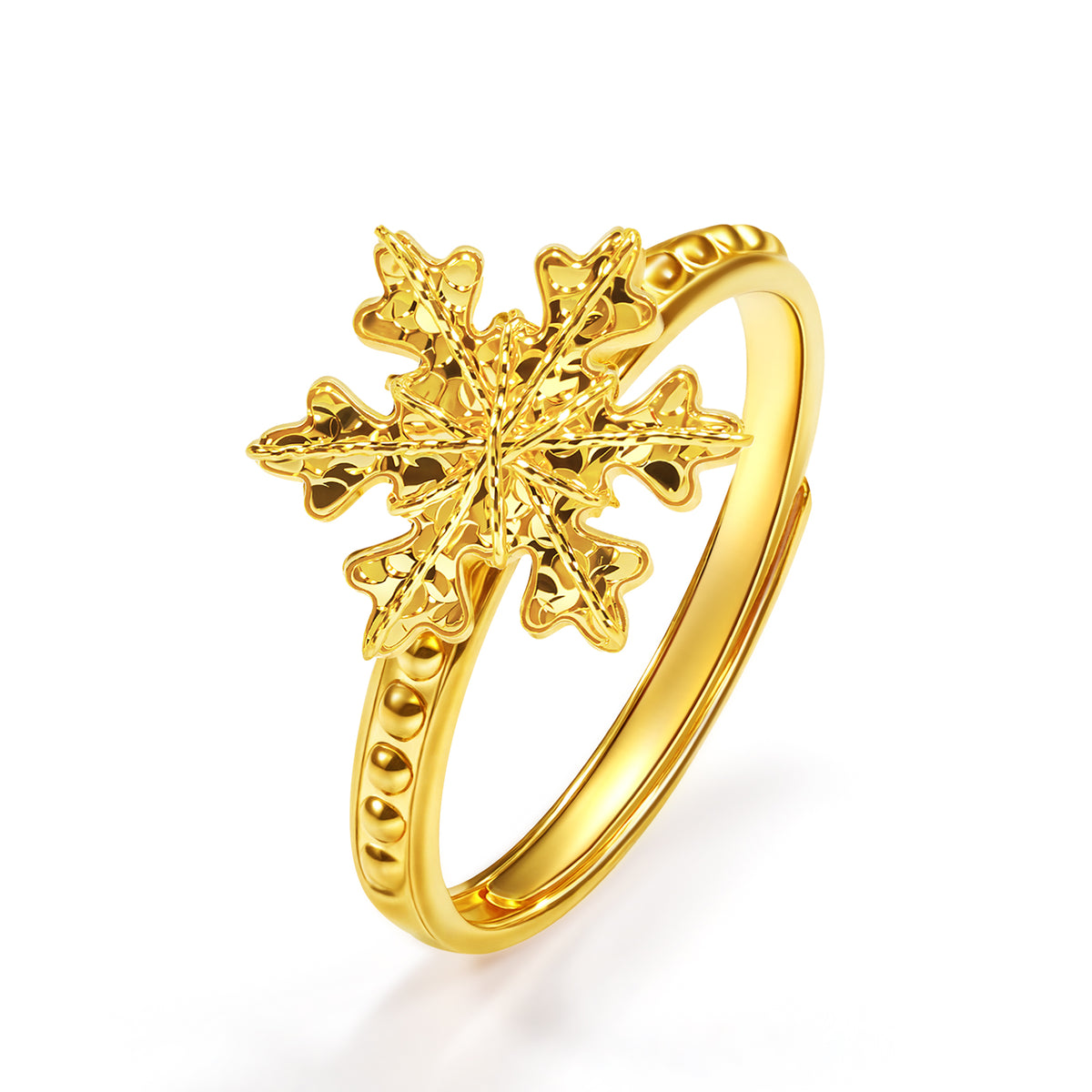 24K Solid‑Gold 3D Faceted Snowflake Adjustable Ring