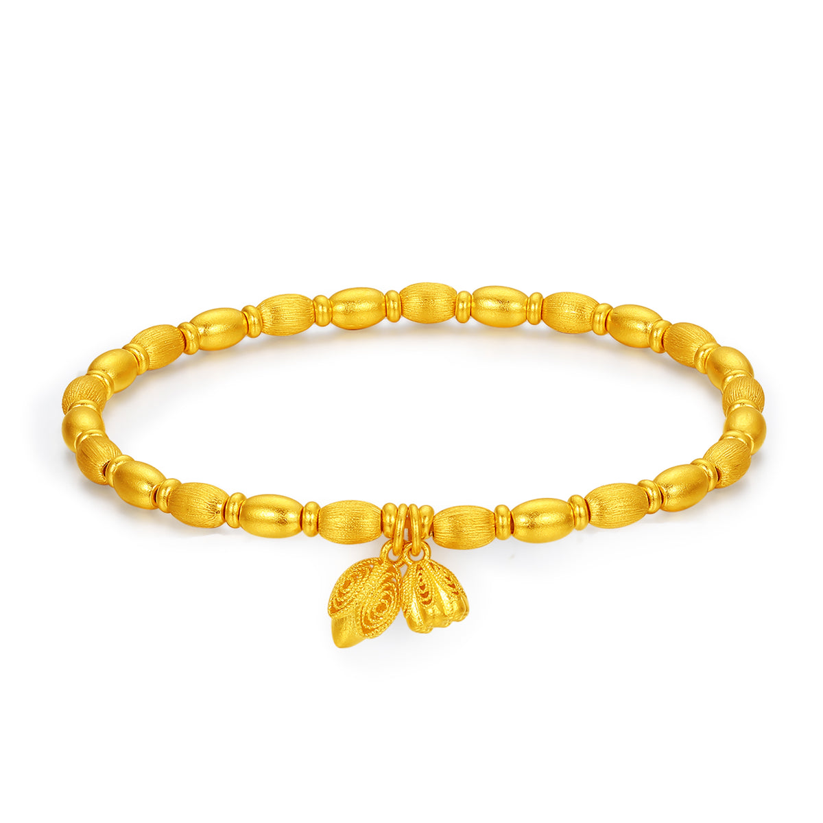 24K Solid‑Gold Beaded Bracelet with Lotus Charms