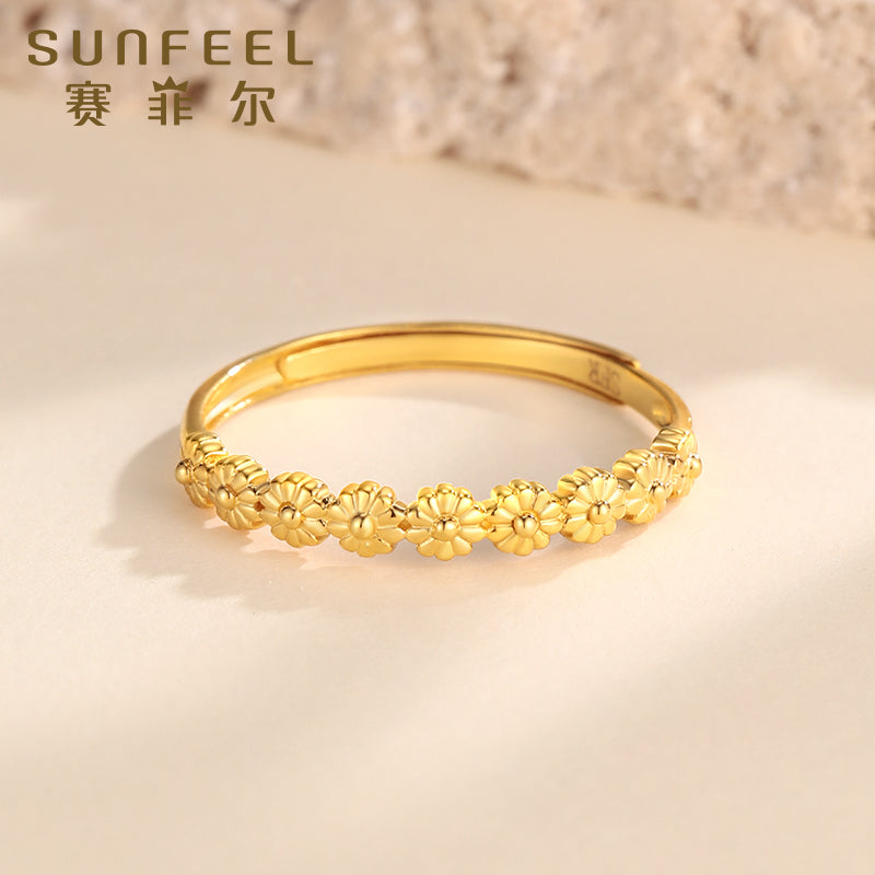 Adjustable Dainty Daisy Flower Ring in 18K Yellow Gold for Women - Elegant Floral Design with Band Width of Approx. 1.9cm and Height 3mm