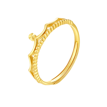 Regal 18K Gold Crown Adjustable Ring with Wave-Like Filigree Edging - A Glamorous Gift for Your Beloved