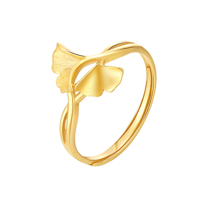 Exquisite 18K Gold Ginkgo Leaf Adjustable Ring for Her - A Nature-Inspired Fine Jewelry Gift