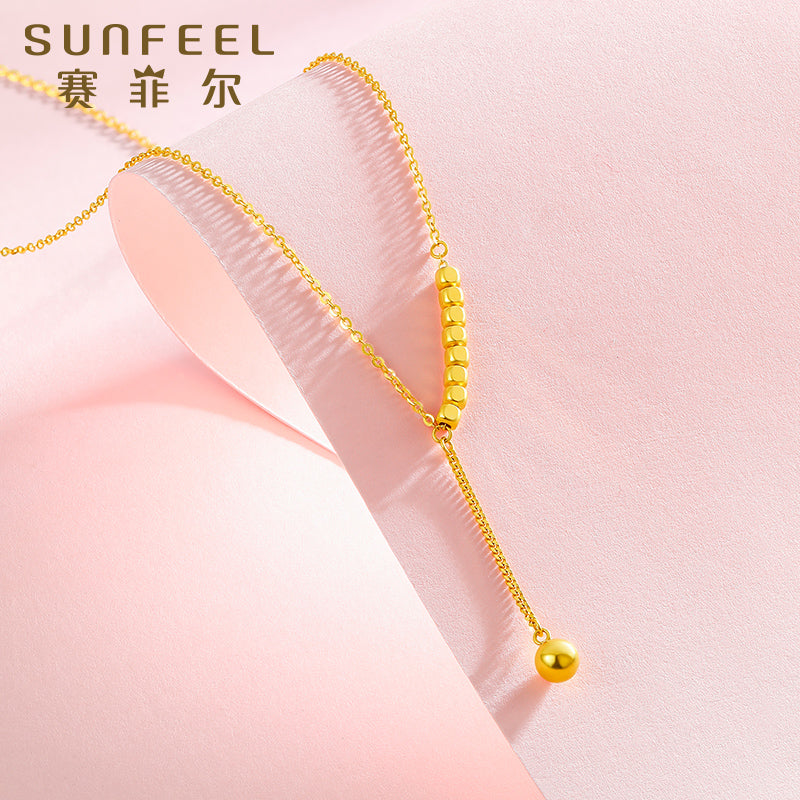 SUNFEEL's 18K Gold Cube Sugar & Bead Layered Necklace: A Versatile Y-Chain Collarbone Jewel