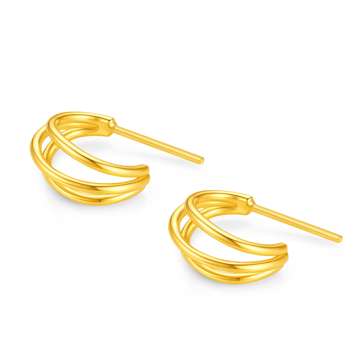 24K solid‑gold triple‑band C‑shaped stud earrings
