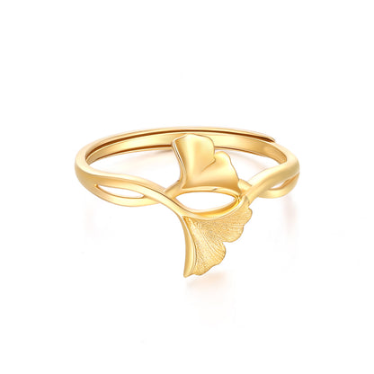 Exquisite 18K Gold Ginkgo Leaf Adjustable Ring for Her - A Nature-Inspired Fine Jewelry Gift