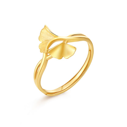 Exquisite 18K Gold Ginkgo Leaf Adjustable Ring for Her - A Nature-Inspired Fine Jewelry Gift