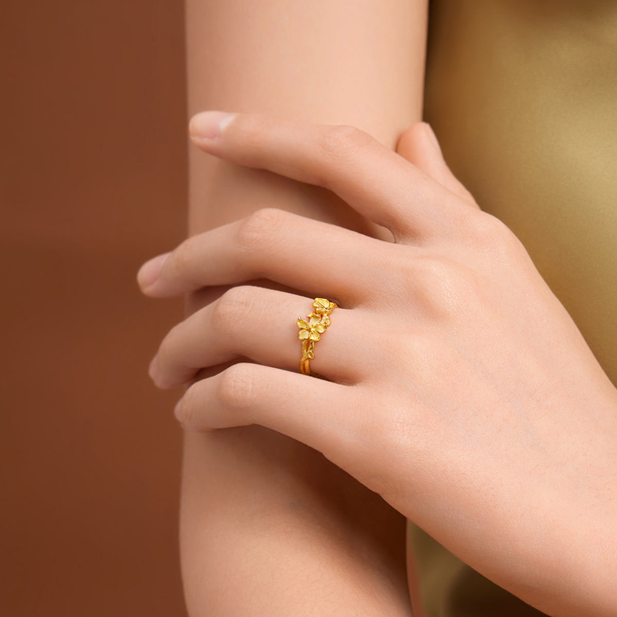24K solid‑gold dual‑flower adjustable ring
