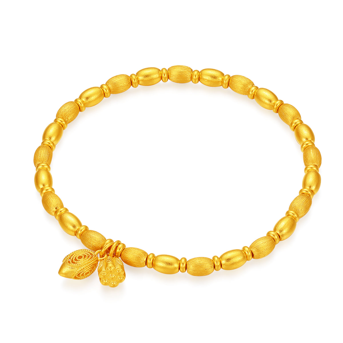 24K Solid‑Gold Beaded Bracelet with Lotus Charms
