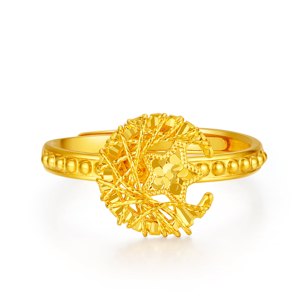 24K solid‑gold woven‑rope moon‑and‑star adjustable ring