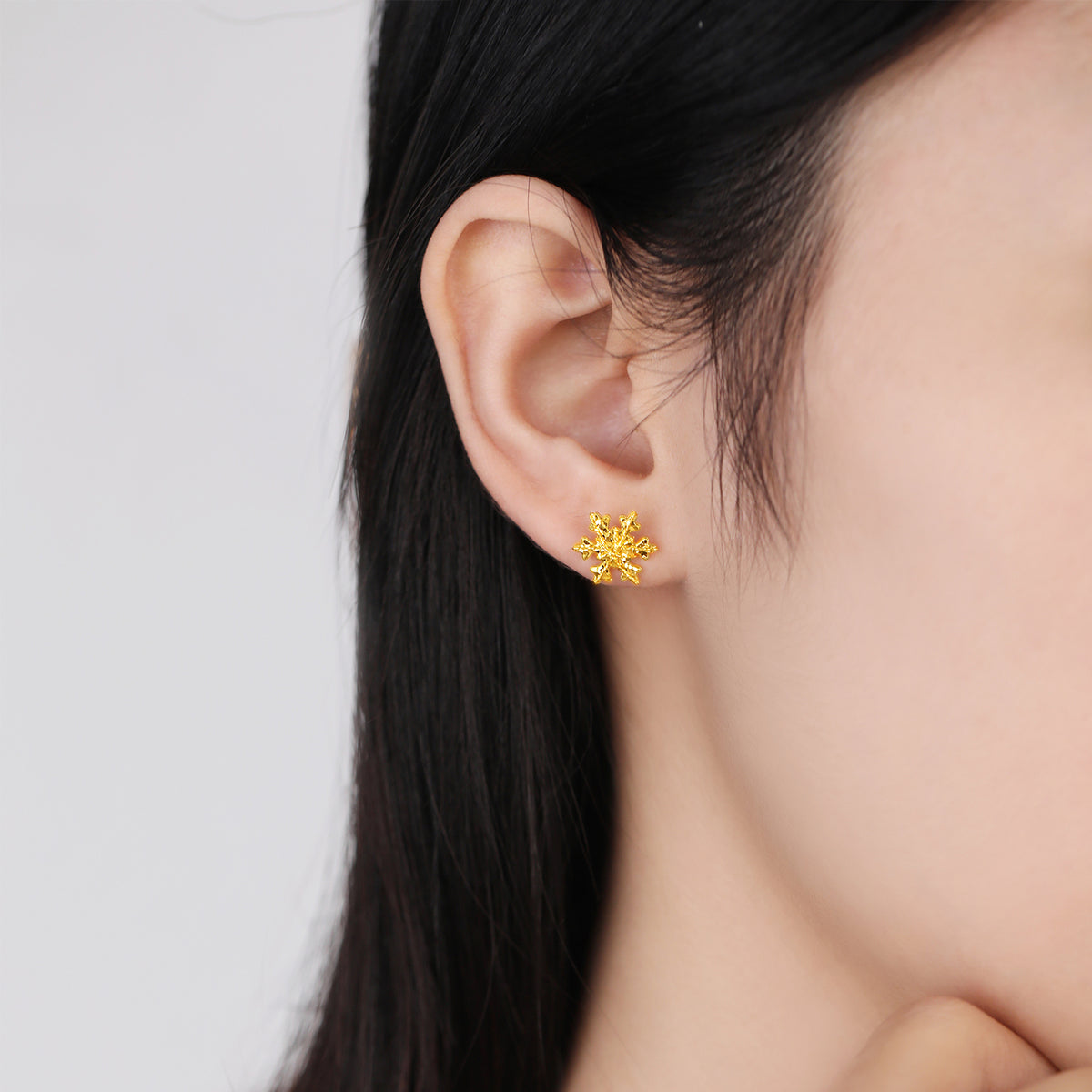 24K Solid‑Gold Snowflake Hook‑Back Stud Earrings