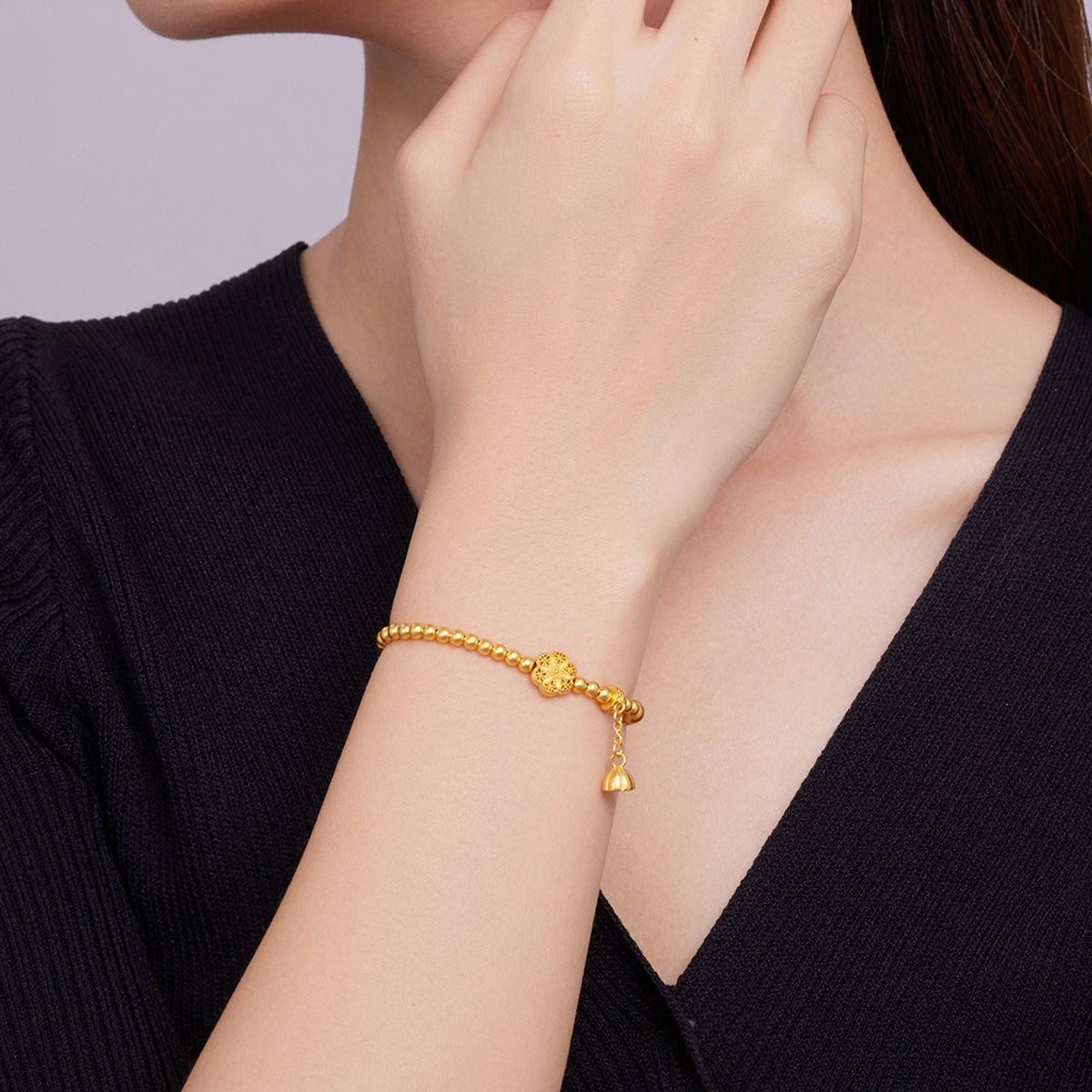 24K Solid‑Gold Beaded Bracelet with Flower Charms