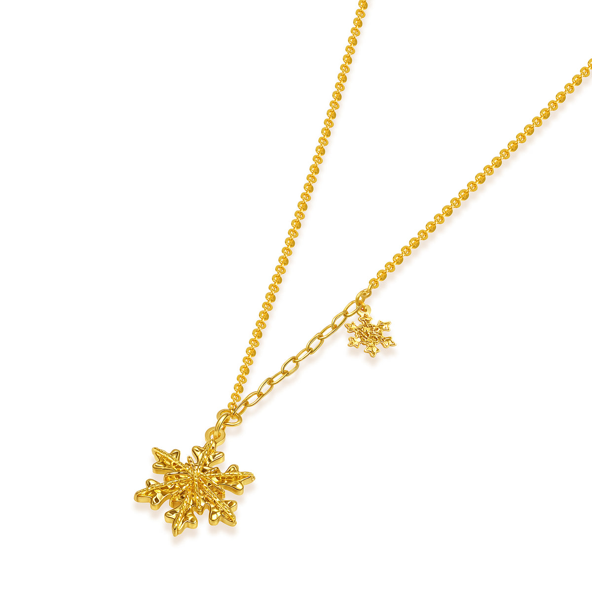 24K solid‑gold dual‑snowflake mixed‑link necklace